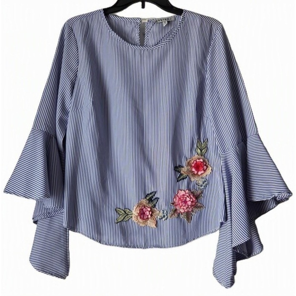 Kontrol Blue White Striped Floral Embroidered Tiered Bell Sleeve Blouse Top M